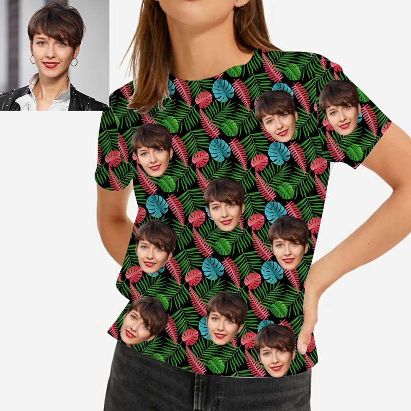 Personalized Face Hawaiian T-Shirt Printed With Red & Green Leaves