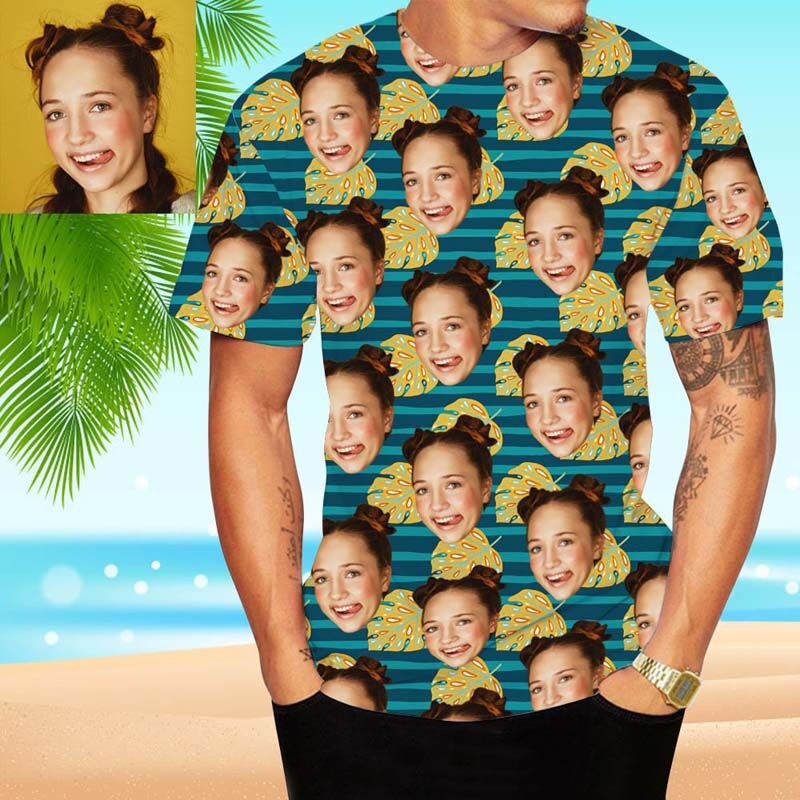 T-shirt hawaïen personnalisé pour hommes avec feuilles jaunes