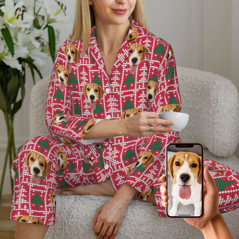 Gepersonaliseerde pyjama met foto van huisdier in kerstboomdesign Geweldig cadeau voor dierenliefhebbers