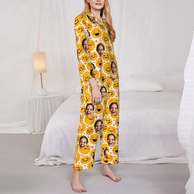 Personalized Pajamas Custom Photo Happy Smiley Emoticon Pattern Design Vibrant Gift for Family