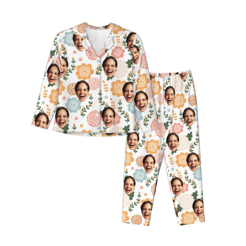 Gepersonaliseerde pyjama met foto op maat Kleurrijk bloemenpatroon Elegant ontwerp Cadeau voor haar familie