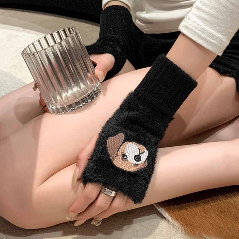 Personalized Plush Gloves with Custom Embroidered Pattern Warm Winter Gifts for Pet Lovers