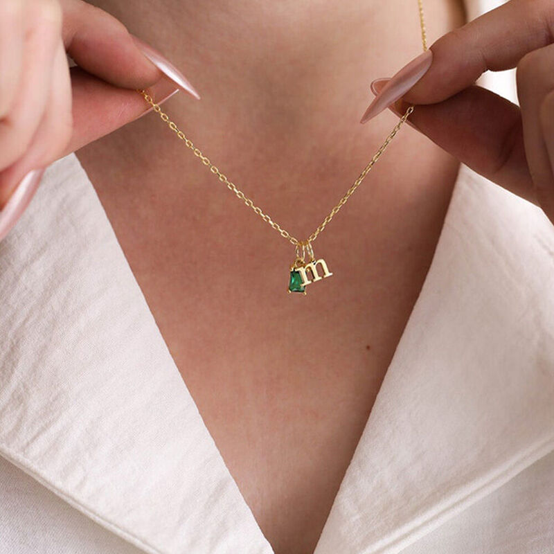 Personalized Birthstone Necklace Square Gemstone and Initial Birthday Gift for Her