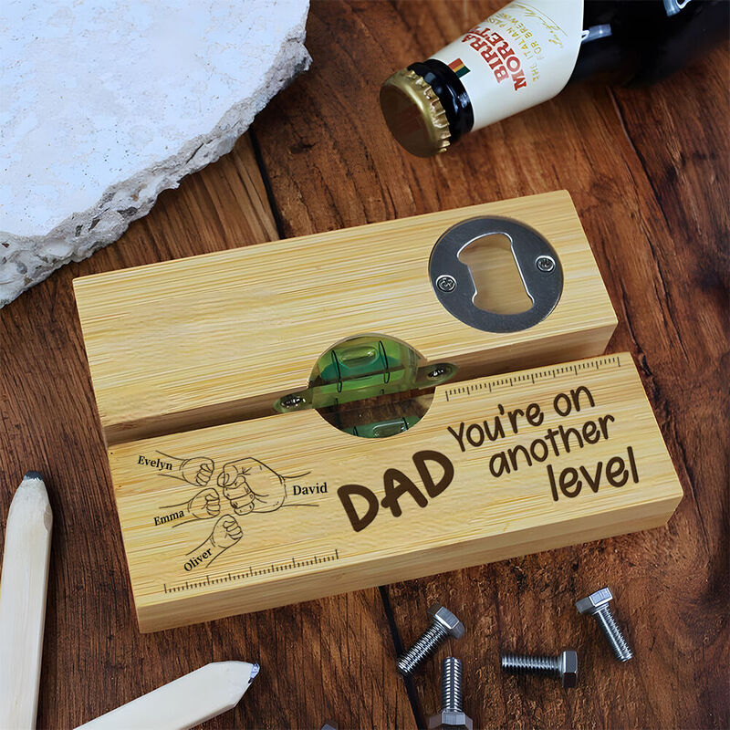 Customized 2 in 1 Spirit Level Bottle Opener Fist Bump Pattern Multi-function Tool Gift for Dad