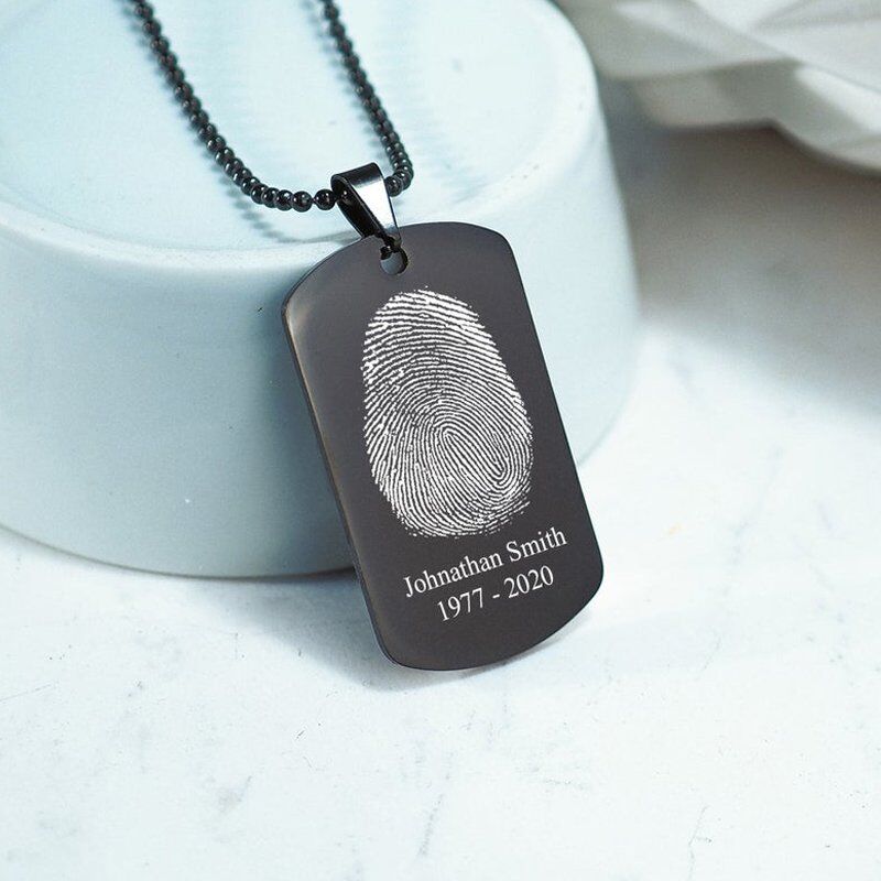 Black Stainless Steel Custom Fingerprint Dog Tag Pendant Necklace with Chain