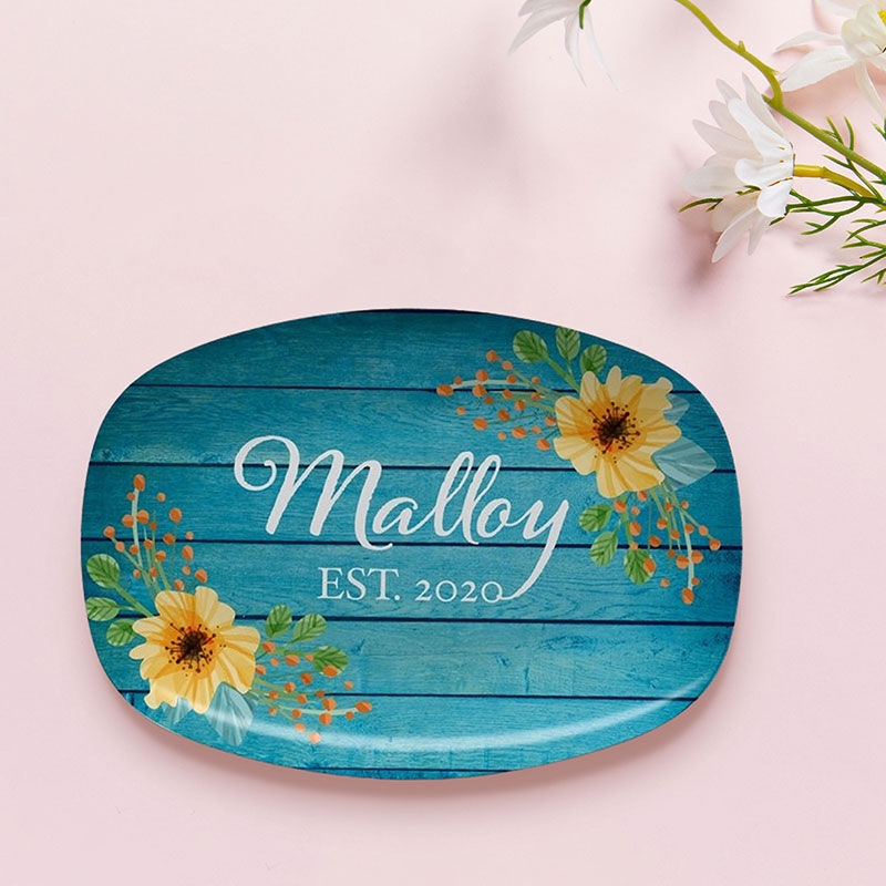 Personalized Name and Date Plate with Yellow Flowers Pattern for Anniversary