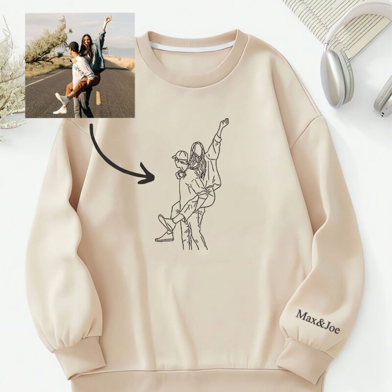 Personalized Sweatshirt Custom Embroidered Couple Photo Line Drawing Design Great Gift for Lovers