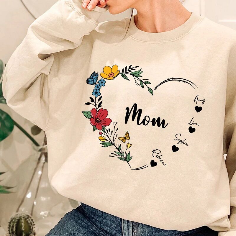 Personalized Sweatshirt Heart Shaped Flower Custom Names Design Pretty Gift for Dear Mom