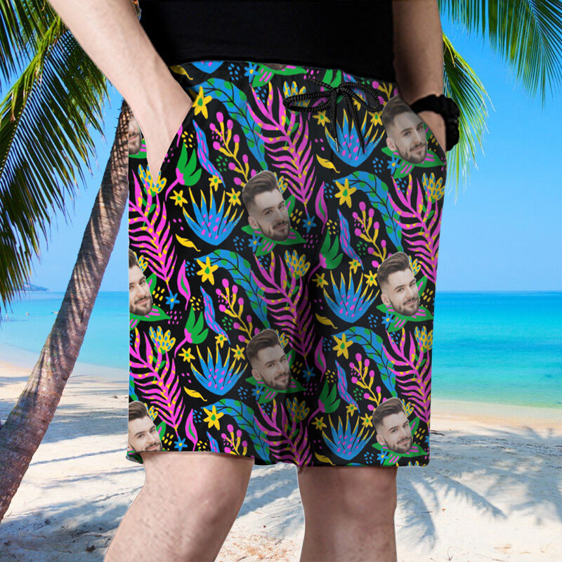 Personalized Picture Men's Beach Shorts with Seaweed Pattern Cool Gift for Papa