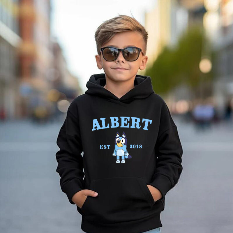 Sudadera con capucha personalizada para niños, nombre personalizado y año con patrón de anime, regalo especial para niños