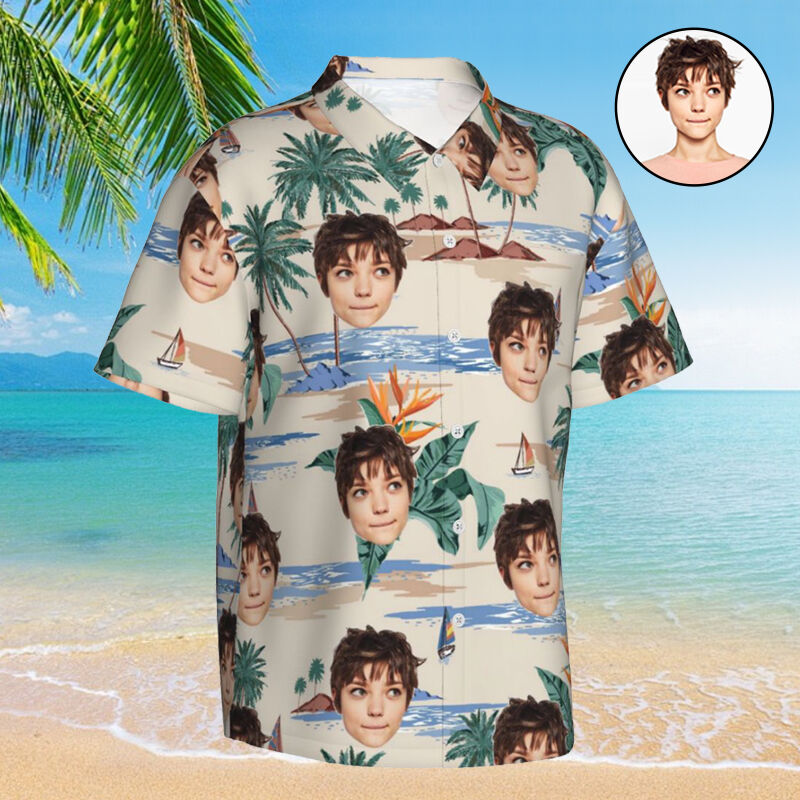 Chemise hawaïenne personnalisée avec photo portrait pour couple Look vacances Cadeau pour votre petit ami