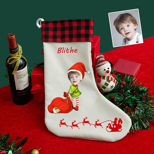 Personalized Custom Face Christmas Socking with Christmas Elf with Gift Bag
