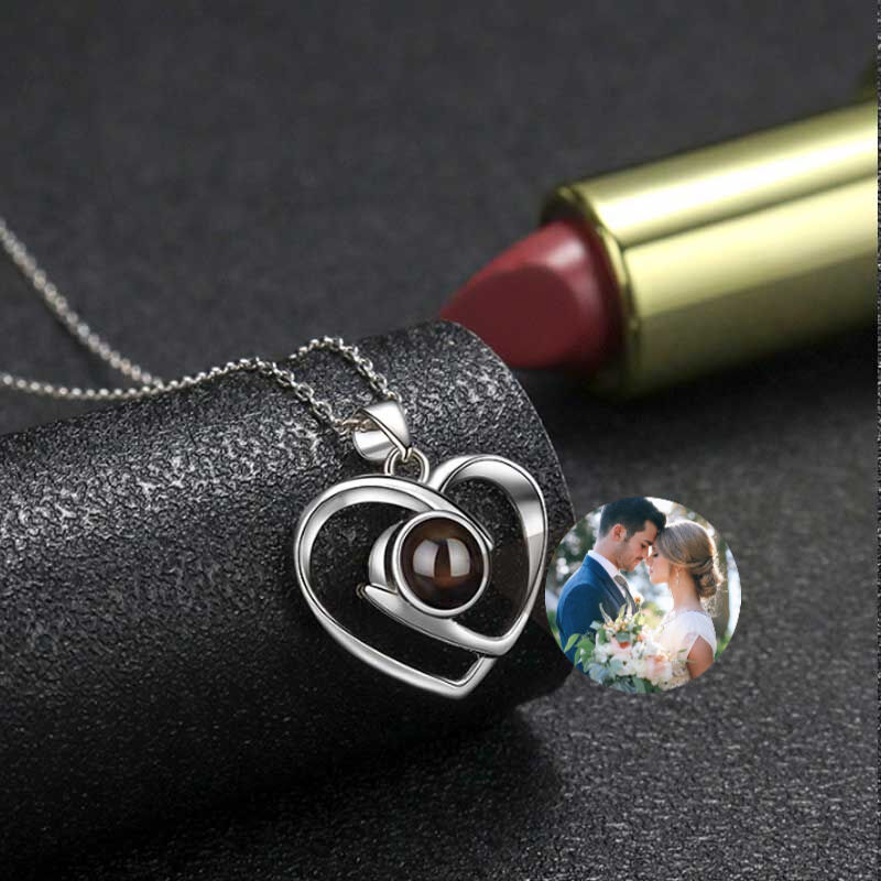 Sterling Silver Personalized Photo Projection Staggered Hearts Necklace Gift