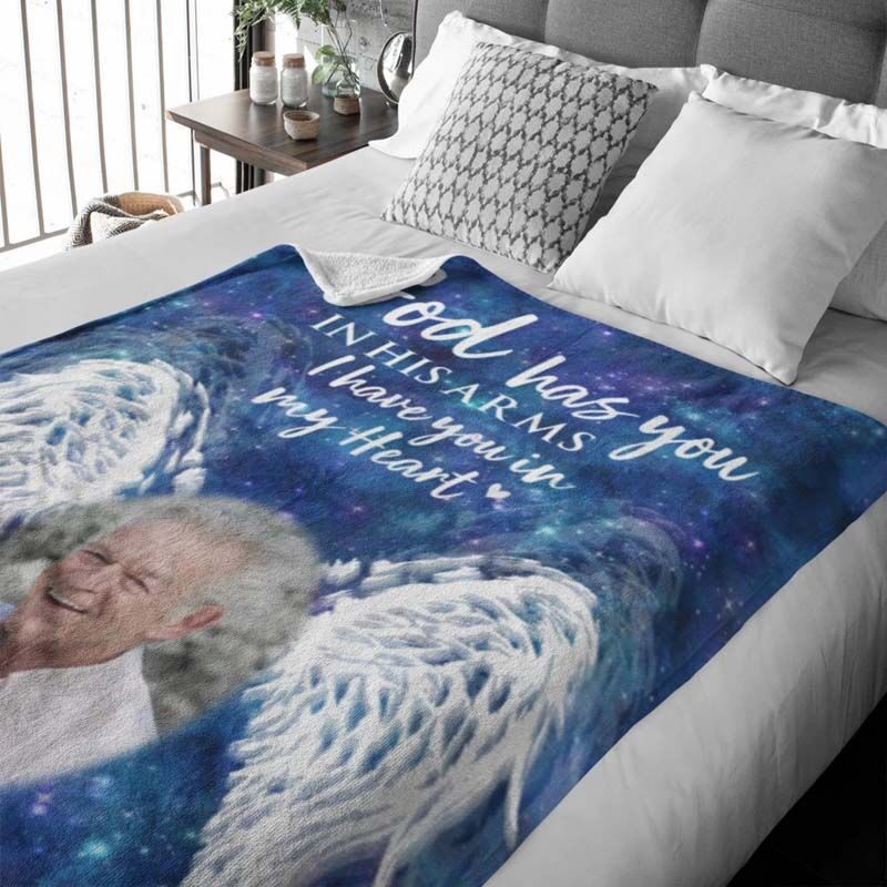 Memorial Throw Blanket Personalized with Photo Angel Wings God Has You in His Arms