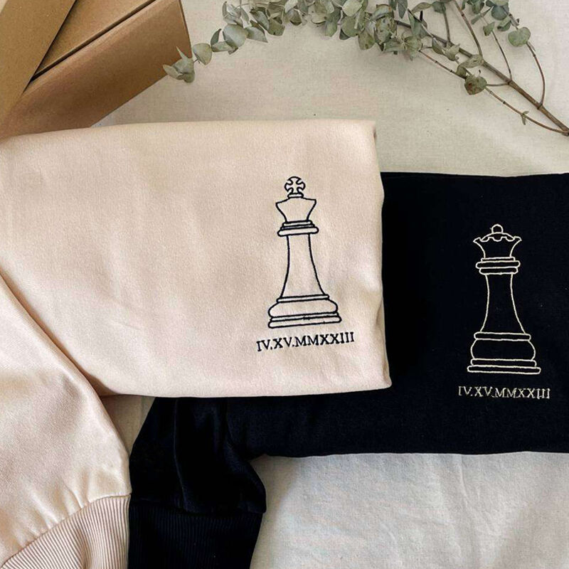 Personalized Sweatshirt Custom Embroidered King and Queen Chess with Roman Numeral Date Gift for Couple