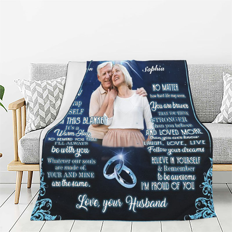 Personalized Picture Blanket with White Birds Pattern Precious Gift for Wife "It's A Warm Hug"