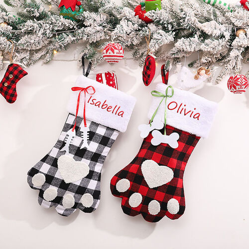 Personalized Knitted Cute Pet Paw Heart Shaped Custom Name Christmas Stockings