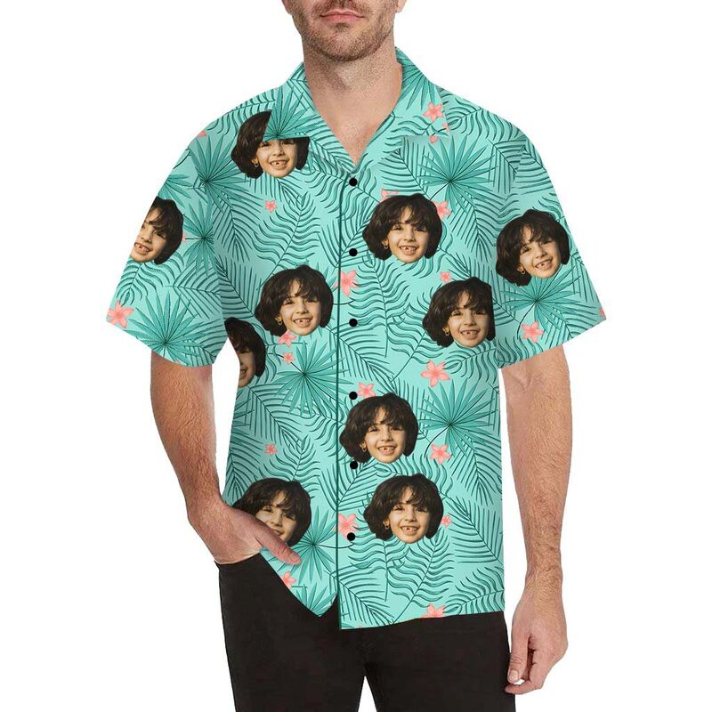 Chemise hawaïenne à impression intégrale Visage personnalisé Feuilles de palmier vertes pour hommes