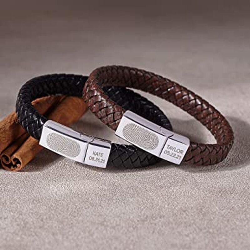 Personality Change Leather Woven Men's Bracelet Custom Fingerprint and Lettering