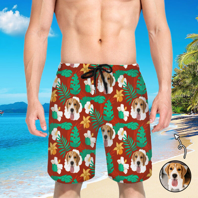 Personalized Picture Men's Beach Shorts with White Floral Pattern Beautiful Gift for Grandpa