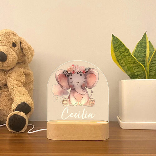 Personalized Wooden Acrylic Cartoon Elephant Custom Child Name Light for Teens