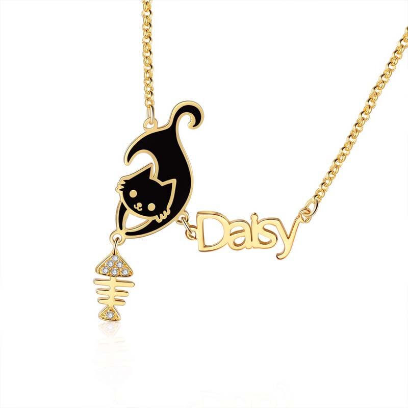 Personalized Black Cat Name Necklace with Fish Bone
