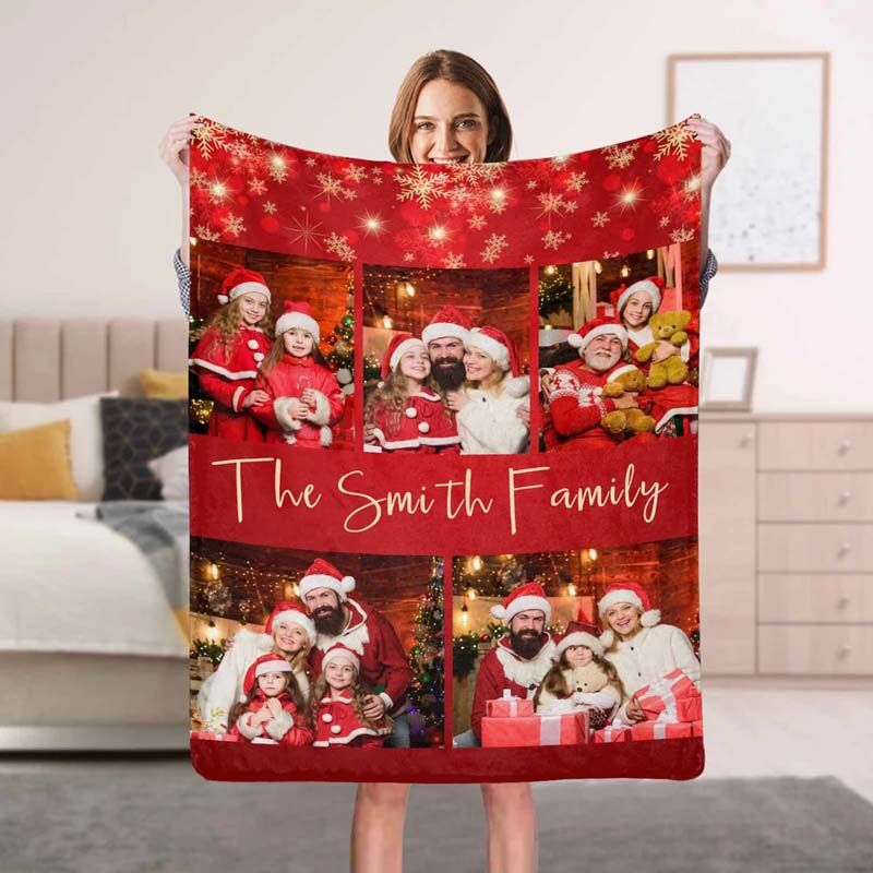 Personalized Christmas Blanket with 5 Pictures for Family