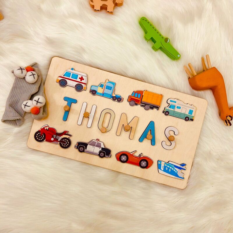 Personalized Baby Name Puzzle With Transportation Icons Intelligence Development Toy