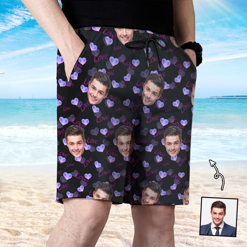 Personalized Picture Men's Beach Shorts with Purple Heart Pattern Cute Gift for Boyfriend