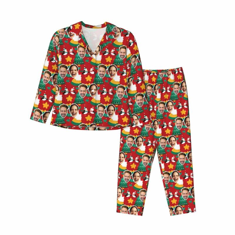 Pyjama personnalisé avec photo personnalisée, motif mignon de couple de pingouins et d'arbre de Noël, cadeau pour les amoureux