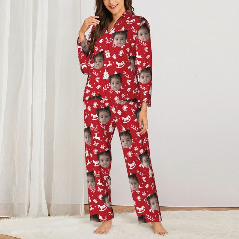 Pyjama personnalisé avec photo personnalisée, icônes de Noël, ambiance festive, motif, cadeau parfait pour elle