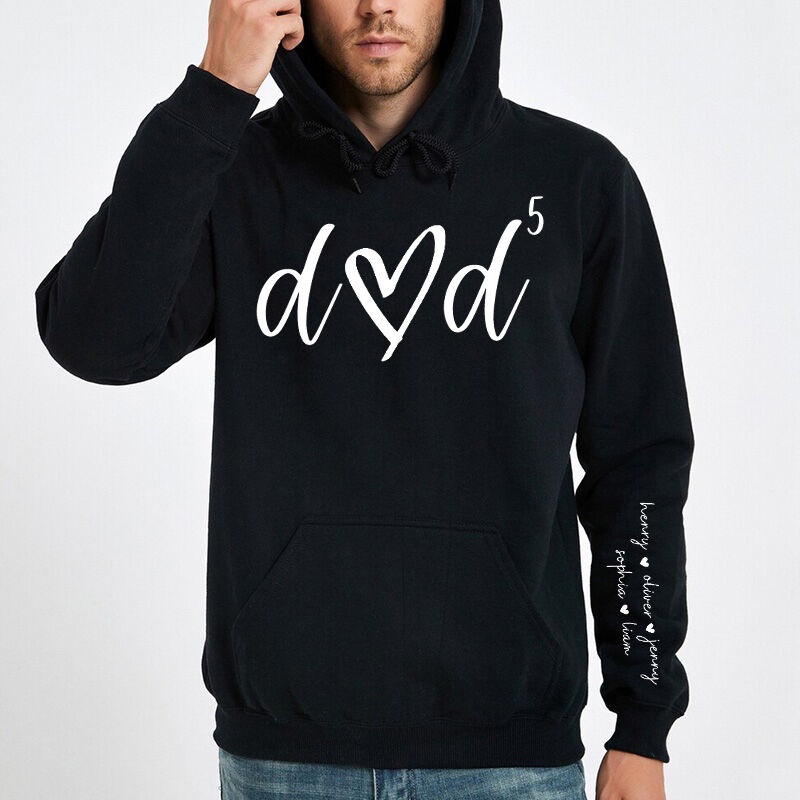Personalized Hoodie Dad Heart with Kids Name On The Sleeve Unique Design Perfect Father's Day Gift