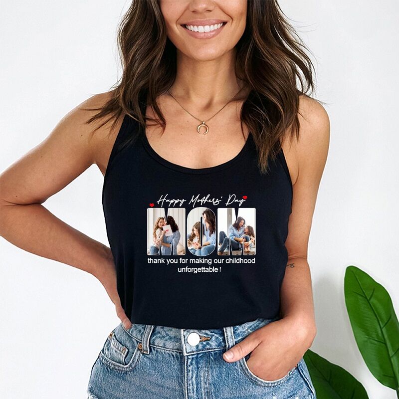 Personalized Tank Top Custom Photos MOM Shape with Warm Words Design Perfect Gift for Mother