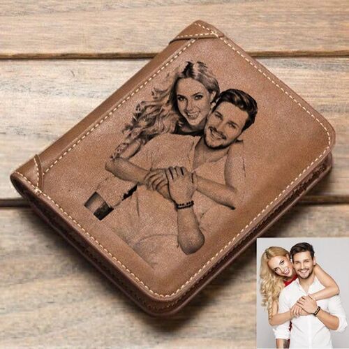 Short Wallet In Brown Leather With Personalized Photo