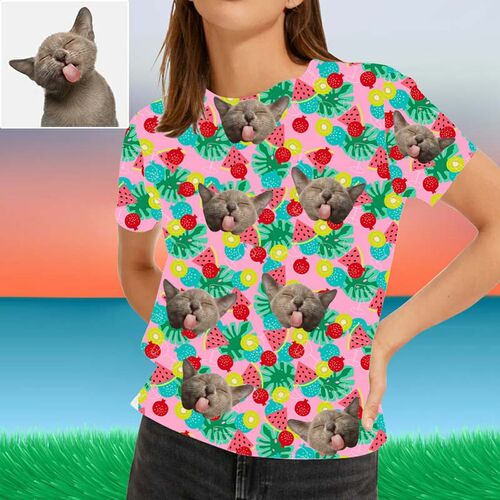 T-shirt hawaïen Visage d'animal de compagnie personnalisé pour femme avec fruits colorés