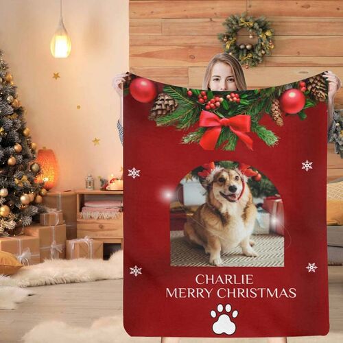Personalized Christmas Dog Flannel Photo Blanket for Pet