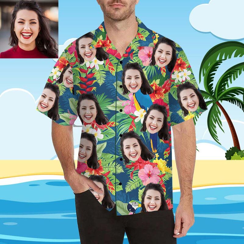 Custom Face Summer Colorful Plants Men's All Over Print Hawaiian Shirt