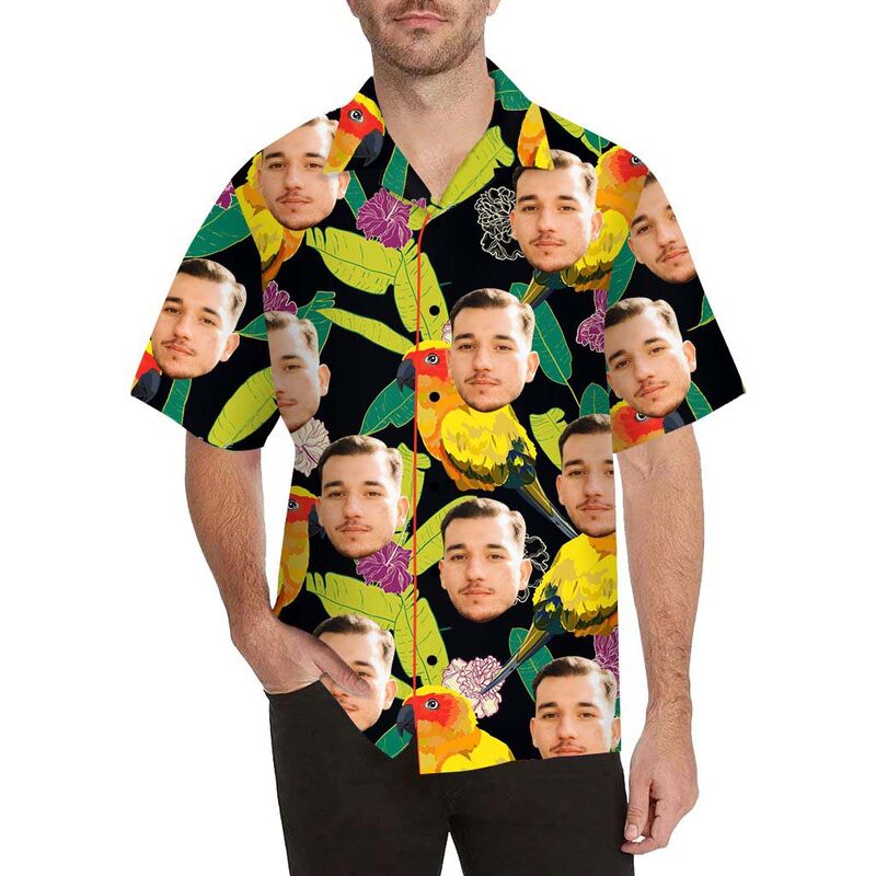 Custom Face Bird Leaves Flowers Men's All Over Print Hawaiian Shirt