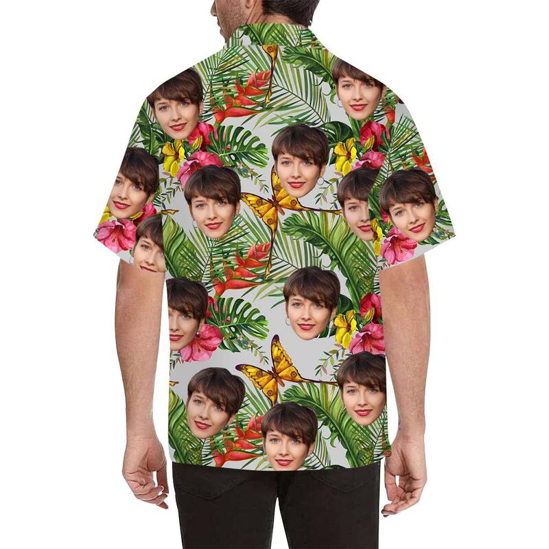 Chemise hawaïenne à impression intégrale pour hommes avec visage personnalisé de papillons et de fleurs