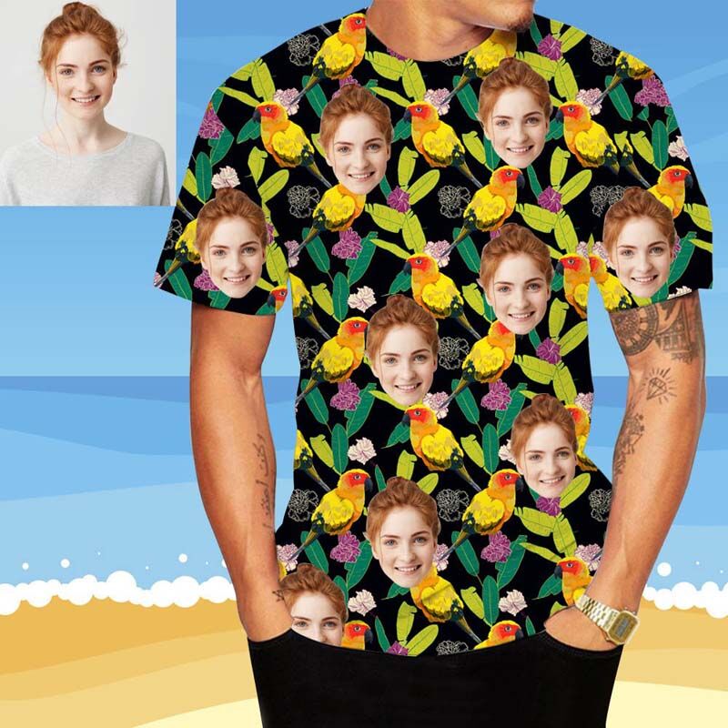 T-shirt hawaïen personnalisé pour hommes, imprimé de feuilles et d'oiseaux
