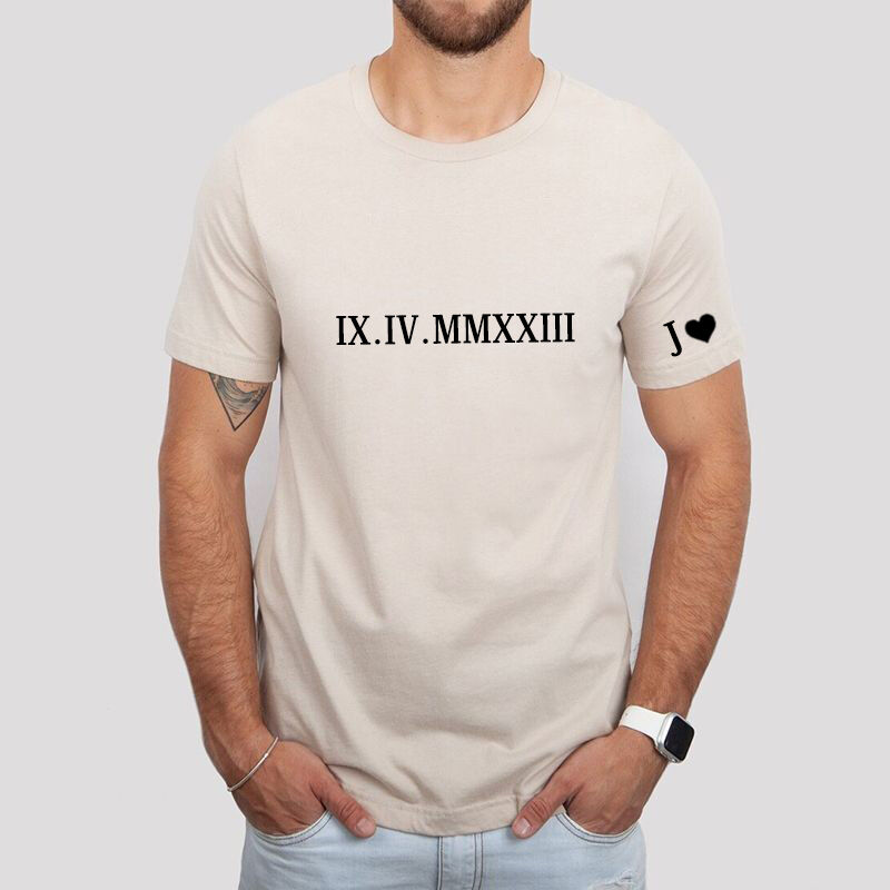 Personalized T-shirt with Embroidered Roman Numeral Date And Initial Unique Gift for Anniversary