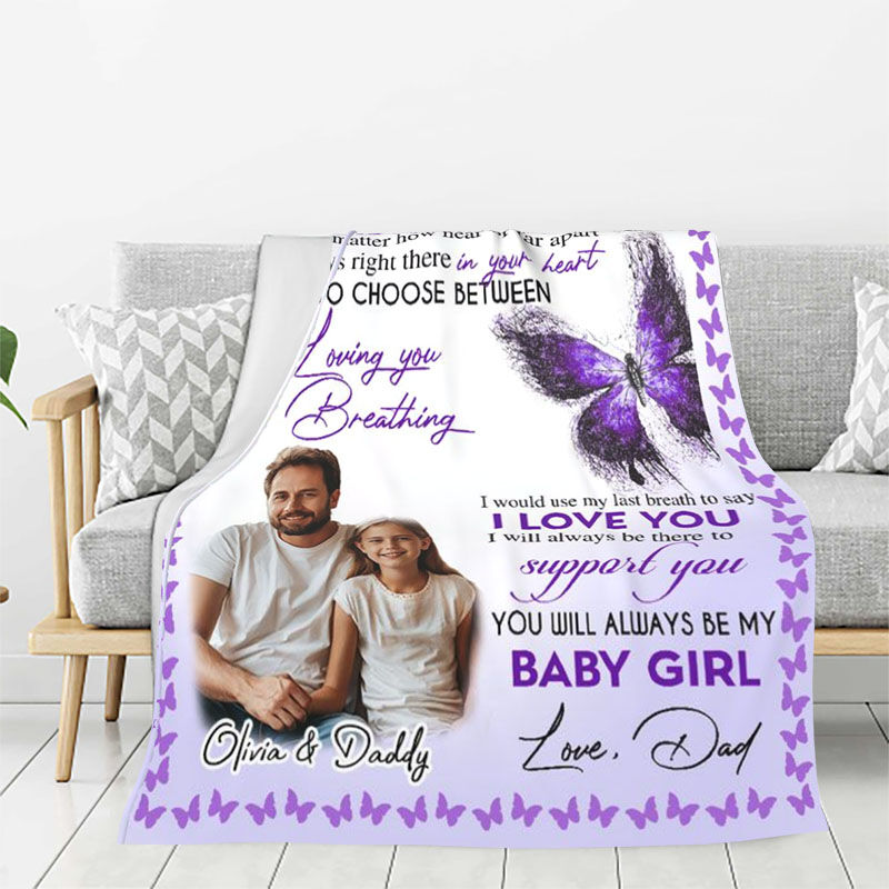 Personalized Picture Blanket with Purple Butterflies Pattern Beautiful Gift for Daughter