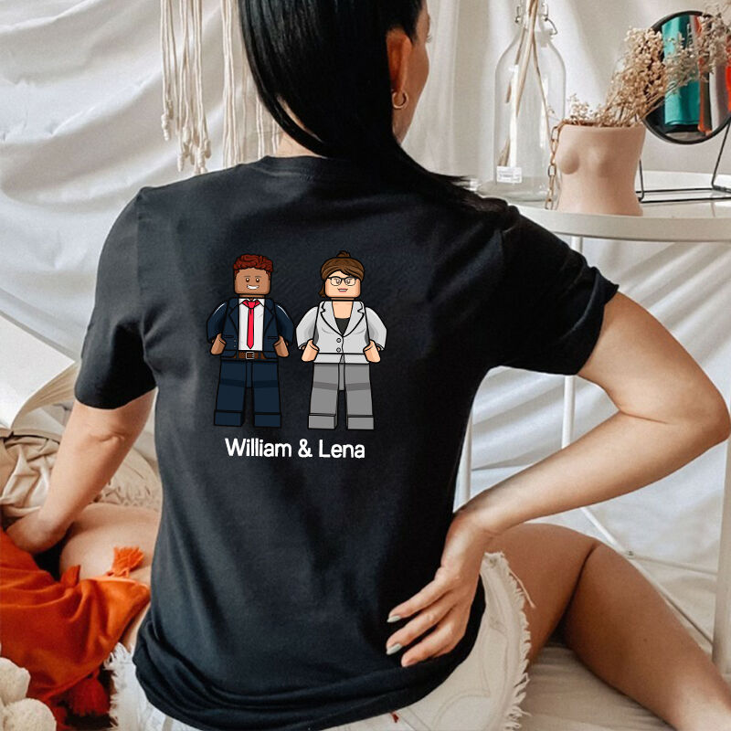 Gepersonaliseerde t-shirt Aangepaste koppel minifiguren Achterkant bedrukking Creatief ontwerp Cadeau voor geliefden ouders