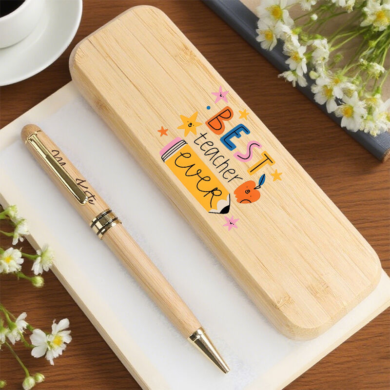 Personalized Pen Wooden Box Best Teacher Ever Apple Pencil Funny Design Gift for Teachers