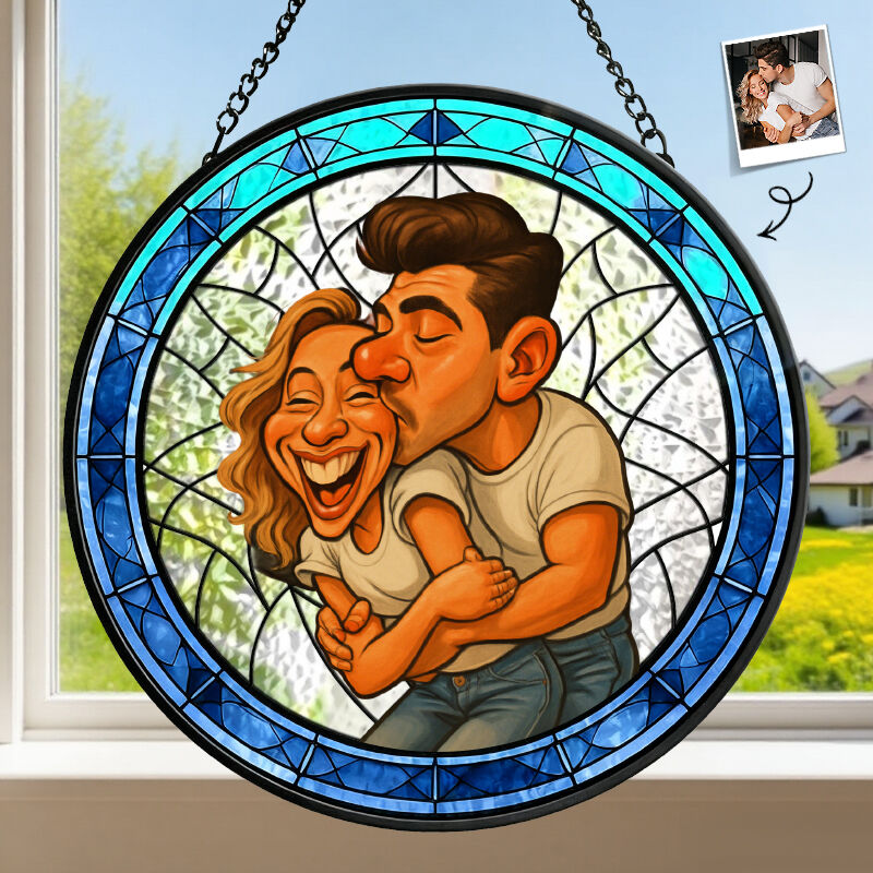 Personalized Stained Glass Window Hanging Suncatcher Funny Couple Caricature for Anniversary