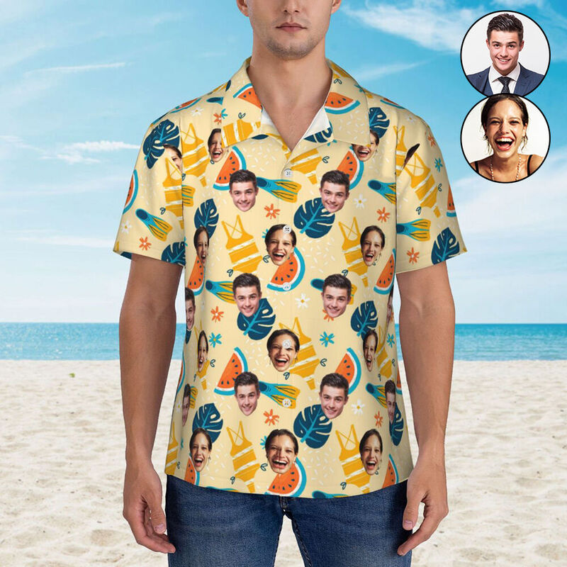 Custom Hawaiian Shirts with Photo Watermelon Print for Couples