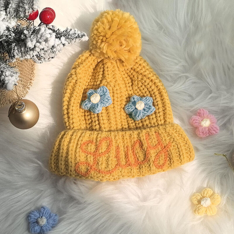 Personalized Baby Beanie Hat with 2 Woolen Flowers Baby Gift for Birthday