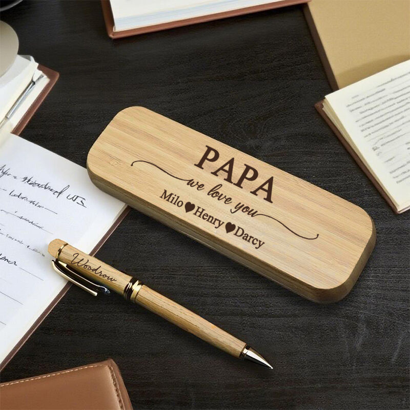 Boîte en bois personnalisée pour stylo papa nous t'aimons noms personnalisés design cadeau idéal pour papa