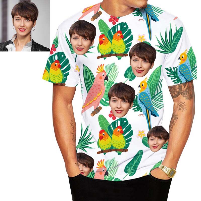 Custom Face Men's Hawaiian T-Shirt With Flowers & Birds