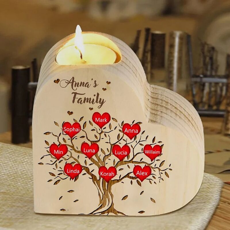 Personalisierte hölzerne Herz Kerze Halter benutzerdefinierte Familienname mit Stammbaum-Muster